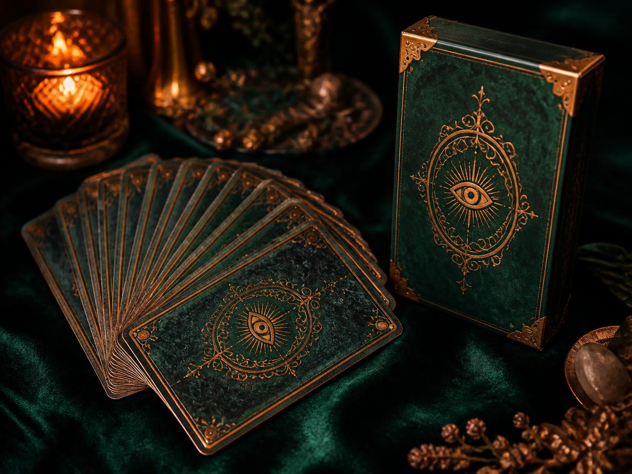 The printable tarot deck fanned out beside its assembled paper deck box