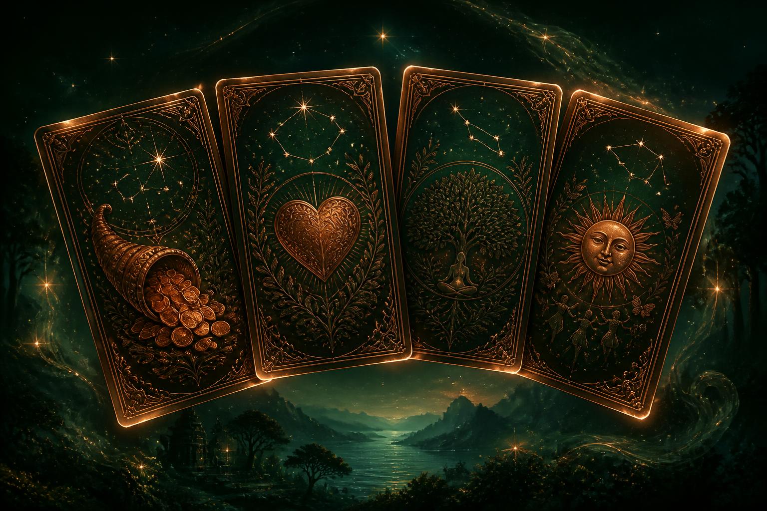 Four ornate oracle cards — wealth, relationship, health and happiness — glowing above a moonlit emerald valley